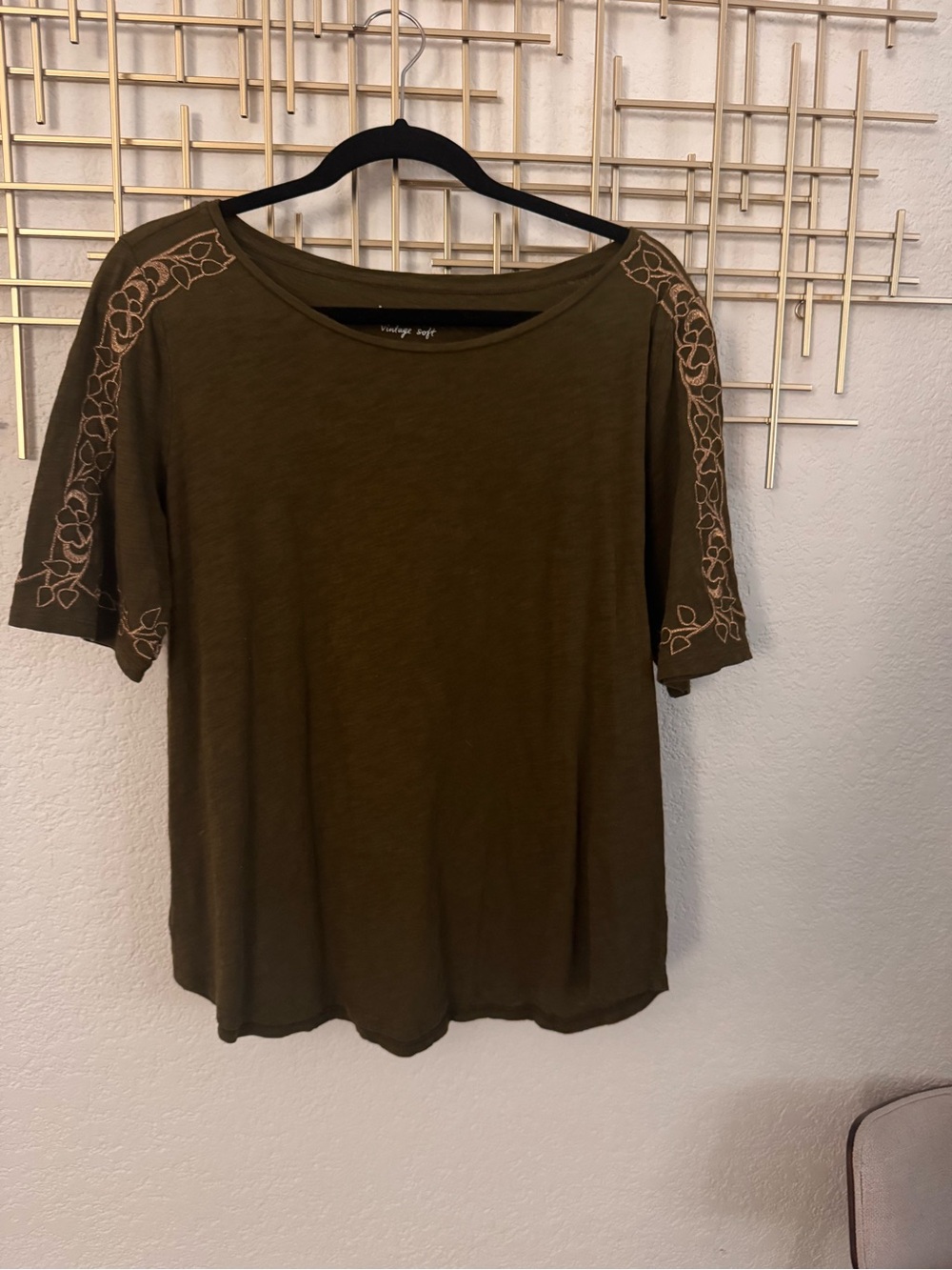 LOFT Olive Short Sleeve Tee with Floral Sleeve Embroidery